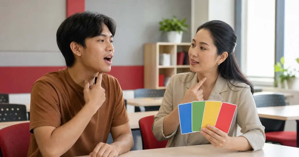 ผู้เรียนกำลังฝึกออกเสียงภาษาจีนกลางกับครู