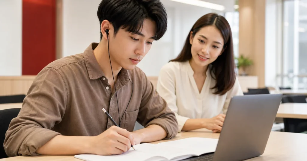 ผู้เรียนกำลังฝึกข้อสอบ TOEIC ด้วยหูฟัง