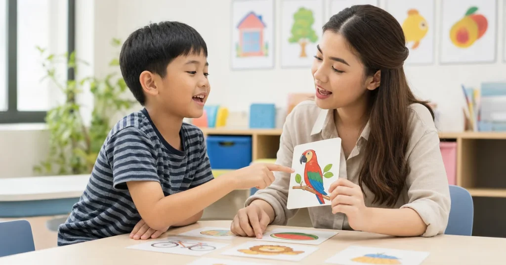 เด็กกำลังฝึกพูดภาษาอังกฤษกับครูในห้องเรียน