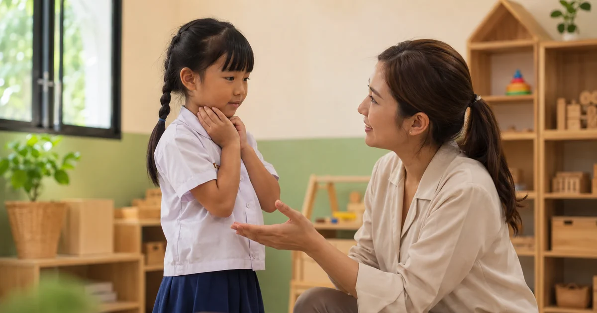ครูให้กำลังใจเด็กที่กำลังฝึกพูดภาษาอังกฤษ