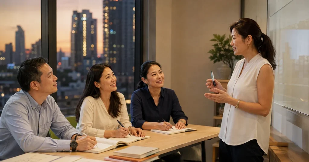 คนวัยทำงานเรียนภาษาจีนกลางในคลาสช่วงเย็น