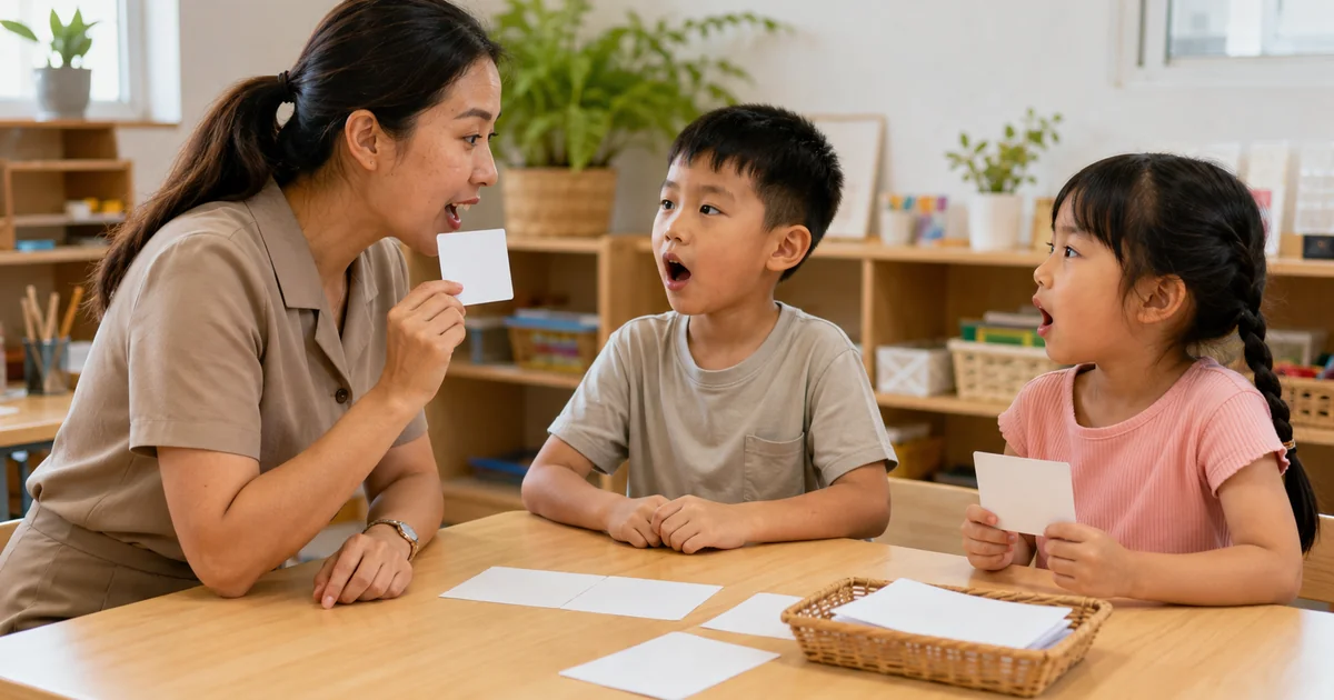 เด็กฝึกออกเสียงและสนทนาภาษาอังกฤษในห้องเรียน