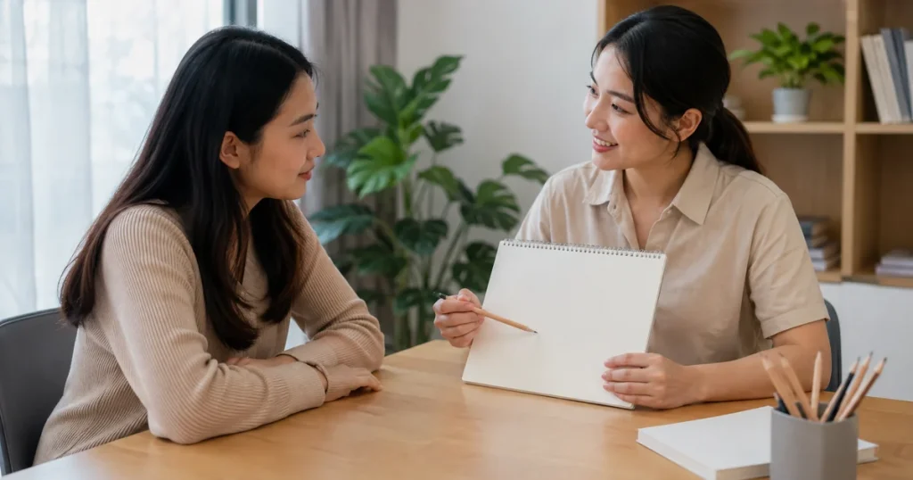 ผู้เรียนปรึกษาครูเรื่องการวางแผนสอบวัดระดับภาษาจีน